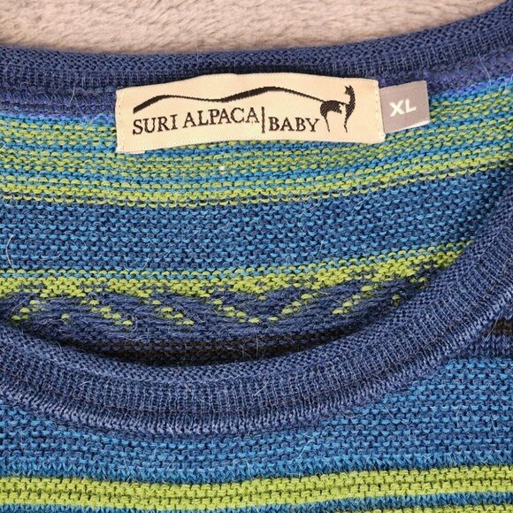 Rare Vintage 90s Suri Baby Alpaca Sweater XL Bright Green Blue Stripe Peru Retro - Picture 3 of 8